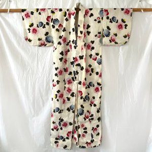 Vintage Japanese Yukata Kimono - Red/Pink and Blue Roses on Cream Background